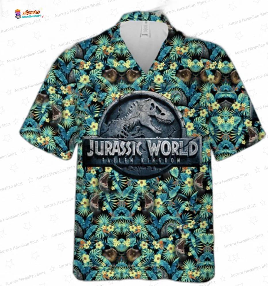 Tropical Dinosaur Emblem Jurassic Park Hawaiian Shirt, Jungle Movie Aloha Button-Up for Fan Vacation Gift Tropical Dinosaur Emblem Jurassic Park Hawaiian Shirt, Jungle Movie Aloha Button-Up for Fan Vacation Gift