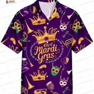 King of Mardi Gras Hawaiian Shirt, Purple Crown Mask Aloha Button-Up for Carnival Party Gift