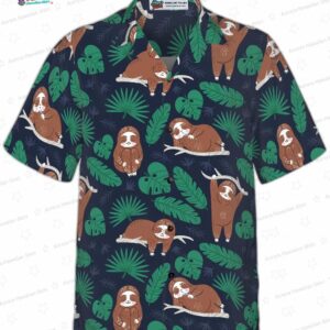 Navy Leaf Lounge Sloth Hawaiian Shirt, Dark Tropical Animal Aloha Button-Up for Vacation Gift