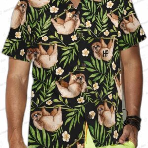Midnight Canopy Sloth Hawaiian Shirt, Black Floral Jungle Aloha Button-Up for Animal Lover Gift