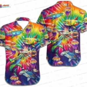 LGBT Rainbow Tie Dye Shark Hawaiian Shirt, Ocean Animal Aloha Button-Up for Pride Vacation Gift
