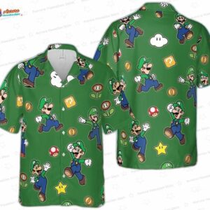 Luigi Green Hawaiian Shirt Super Mario Character Shirt Retro Mushroom Game Summer Outfit 1