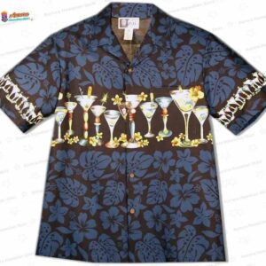Martini Cocktail Chest Band Hawaiian Shirt – Navy Blue Floral Aloha Shirt
