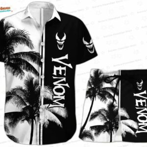 Black White Palm Venom Hawaiian Shirt, Matching Aloha Shirt and Shorts Set for Comic Fan Vacation Gift