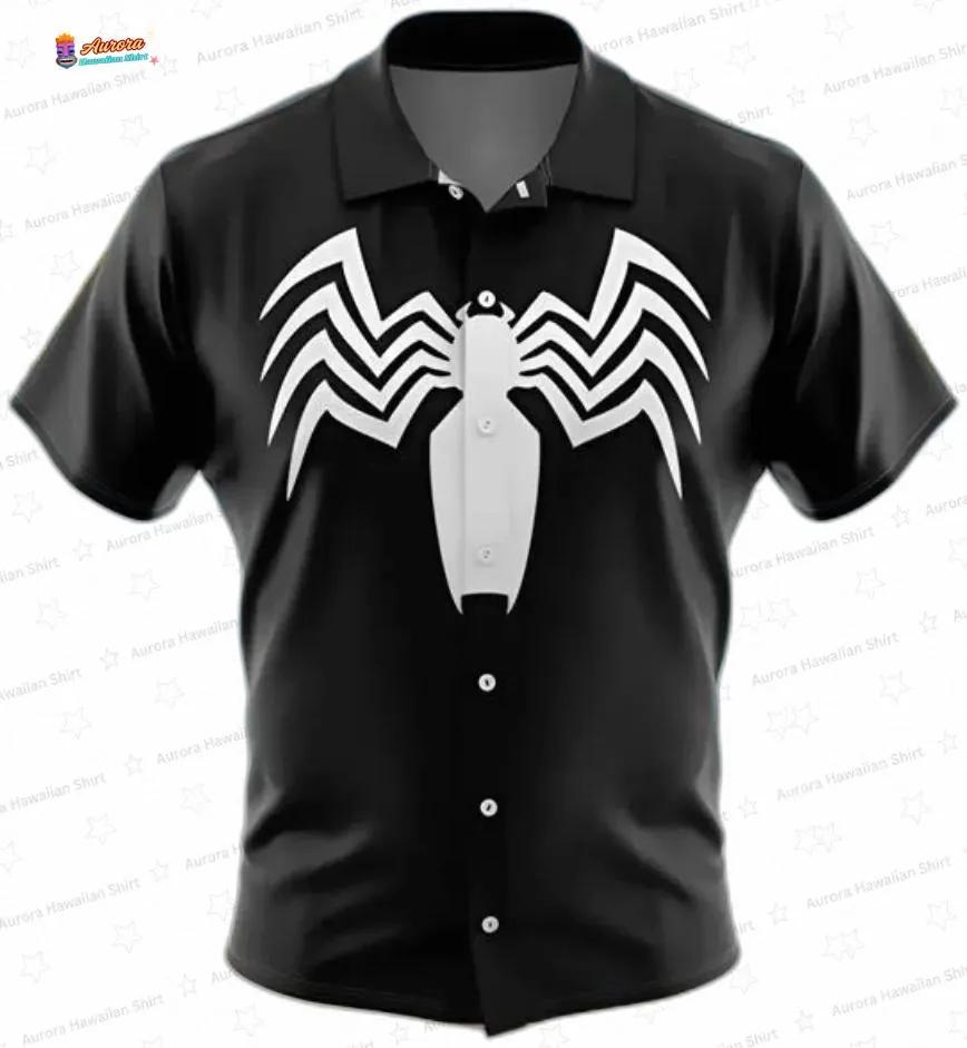 Black Venom Logo Hawaiian Shirt for Marvel Comic Fans, Summer Aloha Button-Up Black Venom Logo Hawaiian Shirt for Marvel Comic Fans, Summer Aloha Button-Up