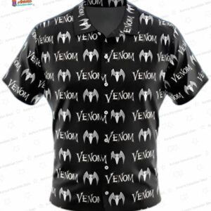 Comics Black Text Logo Venom Hawaiian Shirt, Monochrome Aloha Button-Up for Comic Fan Vacation Gift