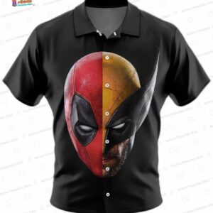 Split Mask Deadpool Wolverine Marvel Hawaiian Shirt, Black Comic Aloha Button-Up for Fan Vacation Gift