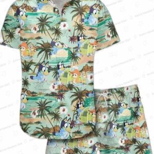 Bluey Lush Island Green Hawaiian Shirt, Cartoon Family Aloha Shirt and Shorts Set for Beach Vacation Gift