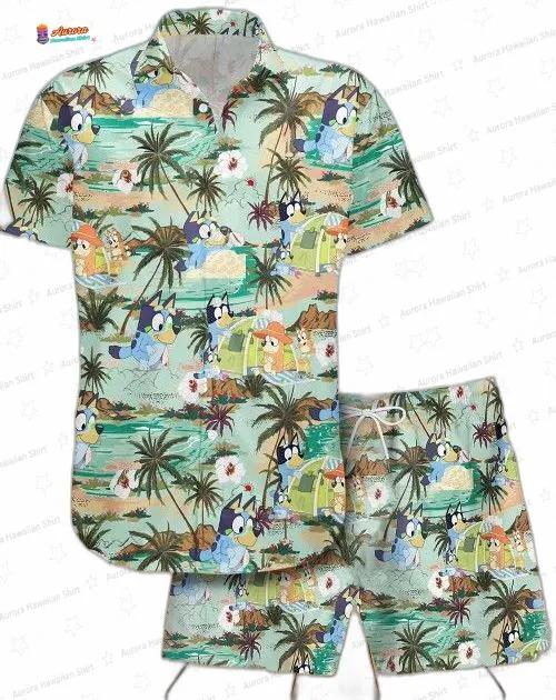 Bluey Lush Island Green Hawaiian Shirt, Cartoon Family Aloha Shirt and Shorts Set for Beach Vacation Gift Bluey Lush Island Green Hawaiian Shirt, Cartoon Family Aloha Shirt and Shorts Set for Beach Vacation Gift