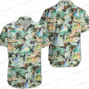 Men s Bluey Hawaiian Shirt Shorts Set Lush Green Island Design 1