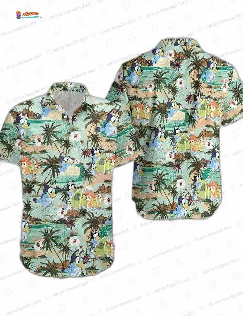 Bluey Lush Island Green Hawaiian Shirt, Cartoon Family Aloha Shirt and Shorts Set for Beach Vacation Gift Bluey Lush Island Green Hawaiian Shirt, Cartoon Family Aloha Shirt and Shorts Set for Beach Vacation Gift