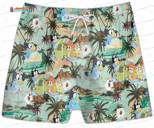 Bluey Lush Island Green Hawaiian Shirt, Cartoon Family Aloha Shirt and Shorts Set for Beach Vacation Gift Bluey Lush Island Green Hawaiian Shirt, Cartoon Family Aloha Shirt and Shorts Set for Beach Vacation Gift