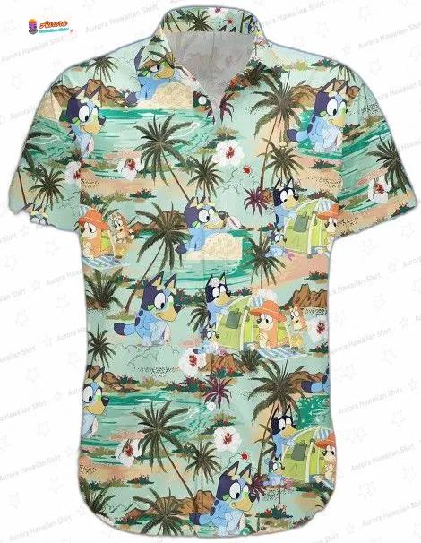 Bluey Lush Island Green Hawaiian Shirt, Cartoon Family Aloha Shirt and Shorts Set for Beach Vacation Gift Bluey Lush Island Green Hawaiian Shirt, Cartoon Family Aloha Shirt and Shorts Set for Beach Vacation Gift