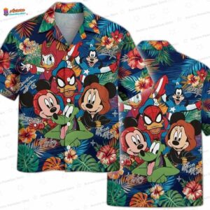 Mickey Friends Tropical Spider Man Hawaiian Shirt, Colorful Cartoon Aloha Button-Up for Family Vacation Gift