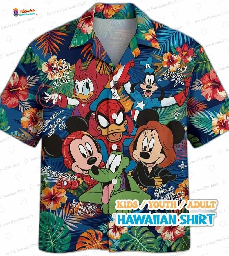 Mickey Friends Tropical Spider Man Hawaiian Shirt, Colorful Cartoon Aloha Button-Up for Family Vacation Gift Mickey Friends Tropical Spider Man Hawaiian Shirt, Colorful Cartoon Aloha Button-Up for Family Vacation Gift