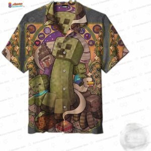 Pixel Creeper Minecraft Hawaiian Shirt, Block Game Aloha Button-Up for Gamer Vacation Gift