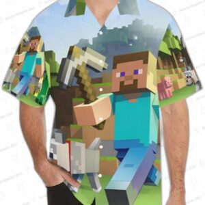 Pixel Adventure Minecraft Hawaiian Shirt for Gamers, Short Sleeve Aloha Button-Up