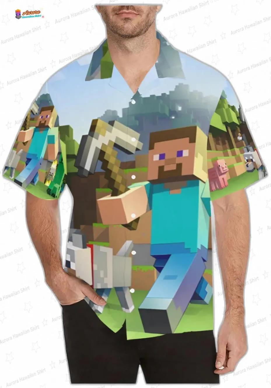 Pixel Adventure Minecraft Hawaiian Shirt for Gamers, Short Sleeve Aloha Button-Up Pixel Adventure Minecraft Hawaiian Shirt for Gamers, Short Sleeve Aloha Button-Up