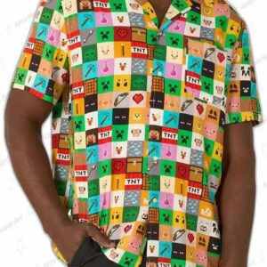 Pixel Grid Minecraft Hawaiian Shirt with TNT Icons for Gamer Summer Gifts