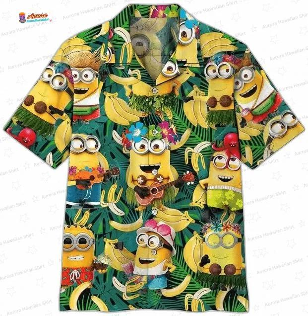 Green Minions Hawaiian Shirt with Banana Tropical Print for Vacation Green Minions Hawaiian Shirt with Banana Tropical Print for Vacation