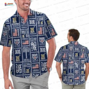 Midshipmen Patchwork Navy Hawaiian Shirt, Collegiate Tropical Aloha Button-Up for Summer Fan Gift