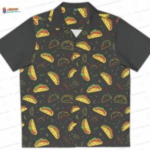 Neon Taco Hawaiian Shirt on Black with Red Green Yellow Doodle Print