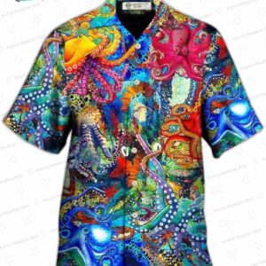 Colorful Art Octopus Hawaiian Shirt, Psychedelic Sea Life Aloha Button-Up for Ocean Lover Gift