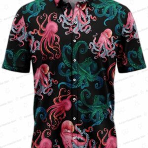 Pink Teal Octopus Hawaiian Shirt, Black Sea Life Aloha Button-Up for Beach Vacation Gift