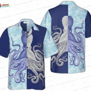 Split Blue Wave Octopus Hawaiian Shirt, Navy Ocean Aloha Button-Up for Sea Life Vacation Gift