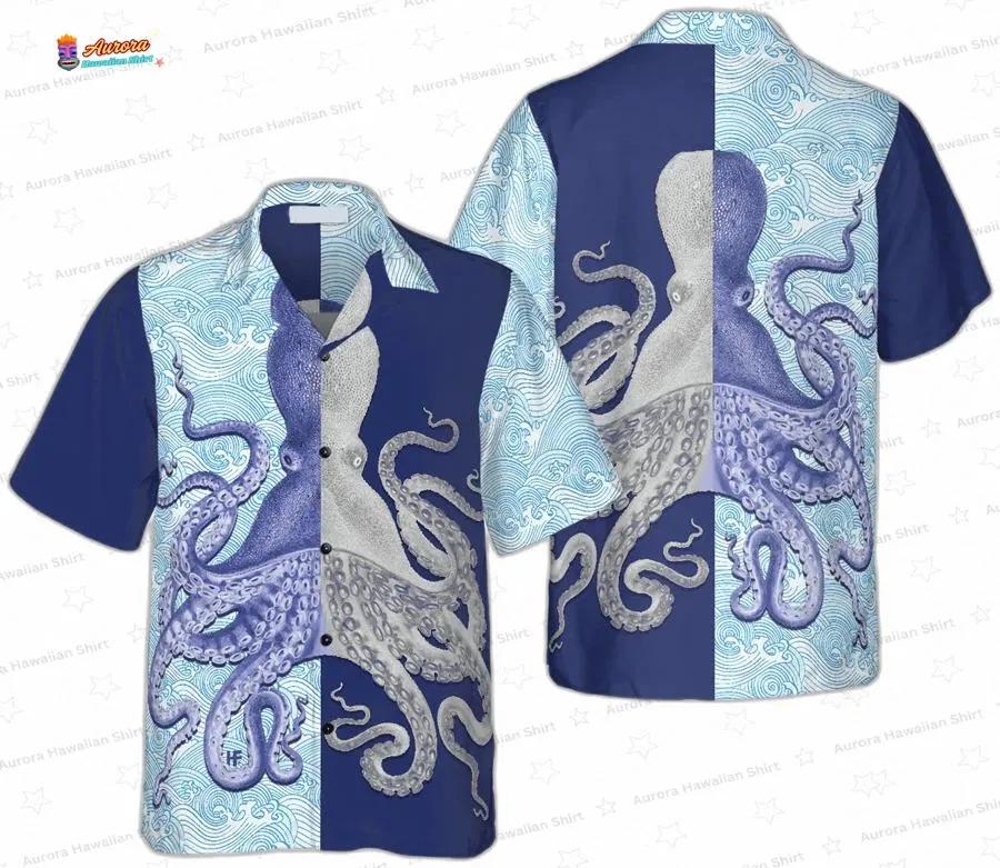 Split Blue Wave Octopus Hawaiian Shirt, Navy Ocean Aloha Button-Up for Sea Life Vacation Gift Split Blue Wave Octopus Hawaiian Shirt, Navy Ocean Aloha Button-Up for Sea Life Vacation Gift