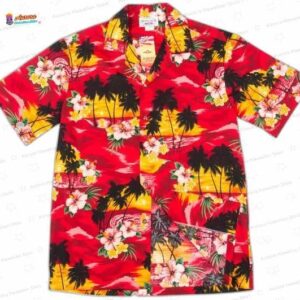 Red Sunset Palm Tree Hawaiian Shirt for Tropical Vacations