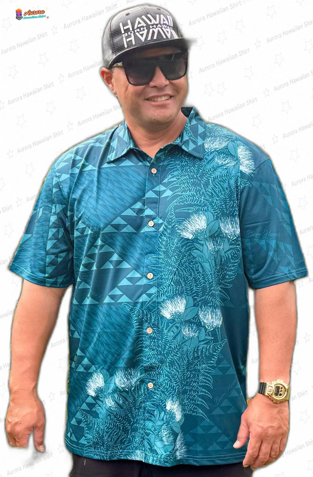 Teal Papahi Dri Fit Hawaiian Shirt with Fern Print for Island Golf Wear Teal Papahi Dri Fit Hawaiian Shirt with Fern Print for Island Golf Wear