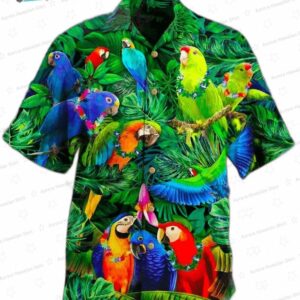 Lush Green Parrot Hawaiian Shirt, Tropical Bird Aloha Button-Up for Bird Lover Vacation Gift