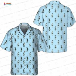 Penguins Holding Fish Pattern Penguin Hawaiian Shirt, Cute Ocean Animal Aloha Button-Up for Family Vacation Gift