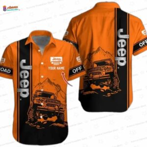 Custom Orange Off-Road Jeep Hawaiian Shirt, Mountain Trail Name Button-Up