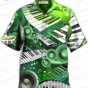 Green Piano Music Hawaiian Shirt for Musicians, 3D Aloha Button-Up