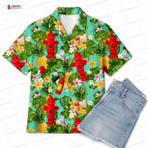 Pineapple Fireman Hawaiian Shirt with Hydrant Print for Firefighter Gifts