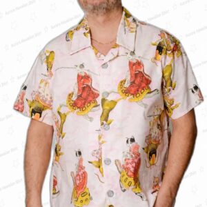 Oriental Koi Cat Pink Hawaiian Shirt, Cute Fish Aloha Button-Up for Cat Lover Beach Vacation Gift