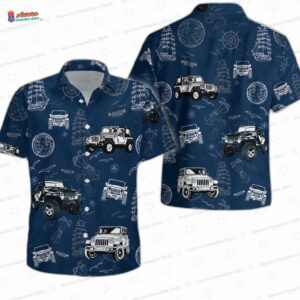 Navy Pirate Jeep Hawaiian Shirt, Anchor Map Off-Road Button-Up