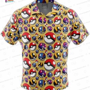 Yellow Poke Ball Pokemon Hawaiian Shirt for Game Fans, Short Sleeve Button-Up