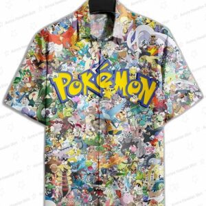 All Pocket Monsters Pokemon Hawaiian Shirt, Colorful Gamer Collage Aloha Button-Up for Vacation Gift
