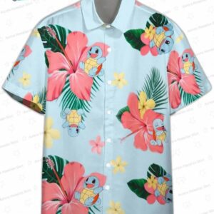 Squirtle Tropical Flowers Pokemon Hawaiian Shirt, Light Blue Gamer Aloha Button-Up for Vacation Gift