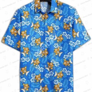 Magikarp Blue Floral Pokemon Hawaiian Shirt, Water Type Aloha Button-Up for Gamer Vacation Gift