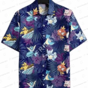 Pikachu Magikarp Pokemon Hawaiian Shirt with Navy Tropical Leaves