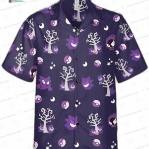 Gengar Evolution Purple Pokemon Hawaiian Shirt, Ghost Type Aloha Button-Up for Gamer Halloween Gift