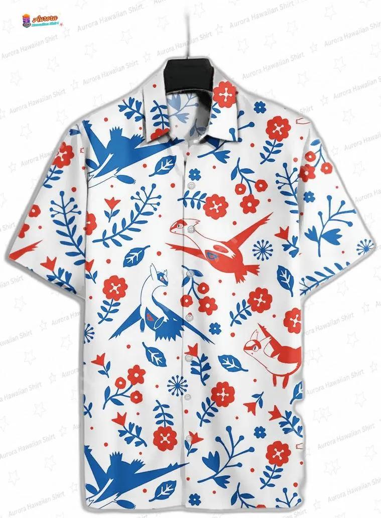 Latias Latios Pokemon Hawaiian Shirt with White Floral Aloha Print Latias Latios Pokemon Hawaiian Shirt with White Floral Aloha Print