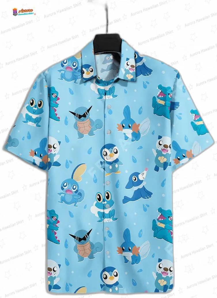 Water Type Pokemon Hawaiian Shirt, Blue Oshawott Squirtle Totodile Aloha Button-Up for Gamer Vacation Gift Water Type Pokemon Hawaiian Shirt, Blue Oshawott Squirtle Totodile Aloha Button-Up for Gamer Vacation Gift