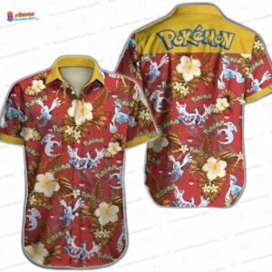 Legendary Water Type Pokemon Hawaiian Shirt with Red Hibiscus Print