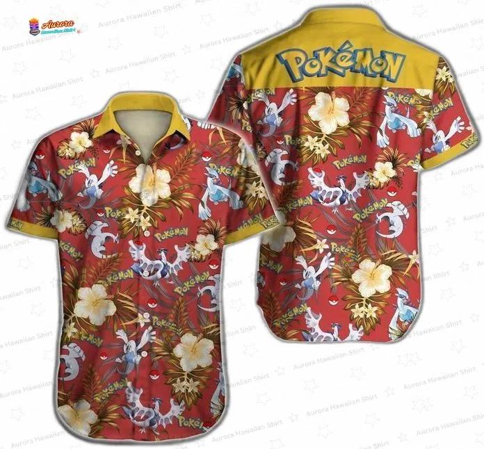 Legendary Water Type Pokemon Hawaiian Shirt with Red Hibiscus Print Legendary Water Type Pokemon Hawaiian Shirt with Red Hibiscus Print