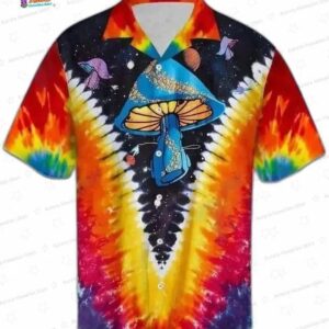 Rainbow Tie Dye Psychedelic Hawaiian Shirt with Magic Mushroom Art for Festivals